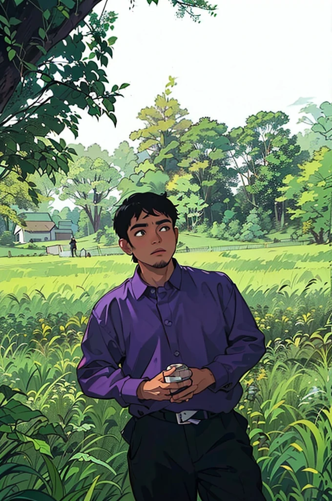 man in a purple shirt standing in a field of tall grass, in front of a forest background, nivanh chanthara, ramil sunga, mohamed chahin, in a large grassy green field, assamese aesthetic, in a open green field, in a field, nuttavut baiphowongse, portait image