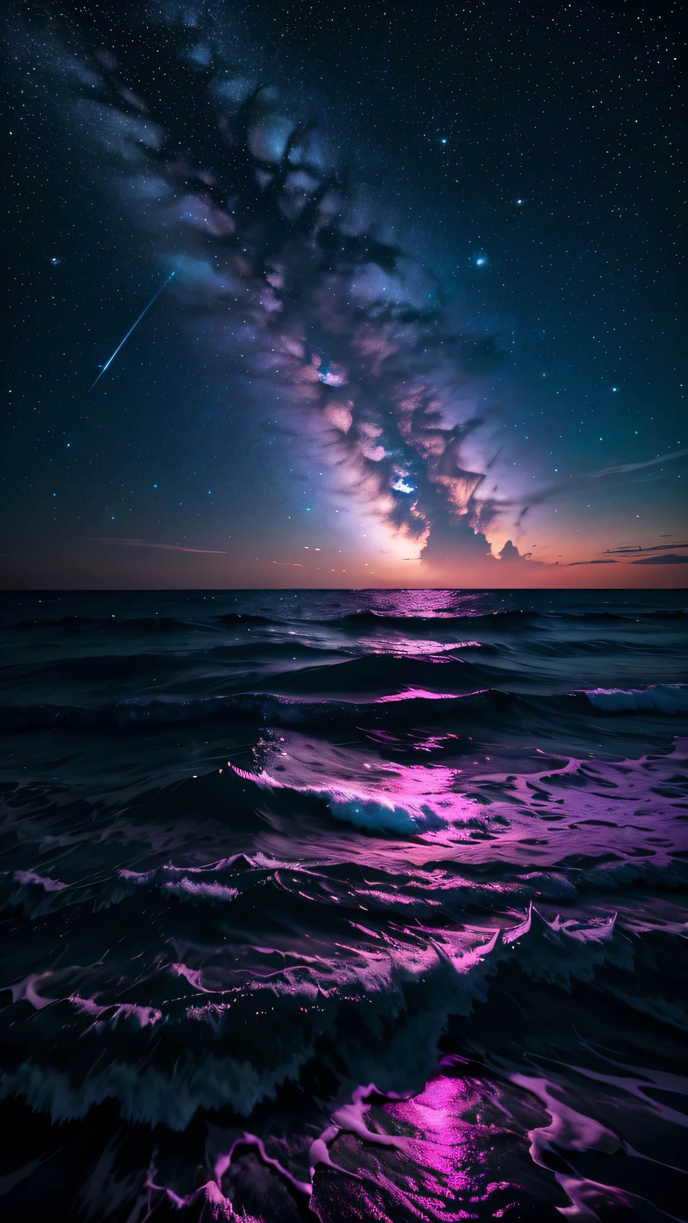 bioluminescent stars in the sky, pink half moon, touquois sky, soft cotton clouds, tourqouis ocean waves, shiny, purple water, galaxy, complementing lighting