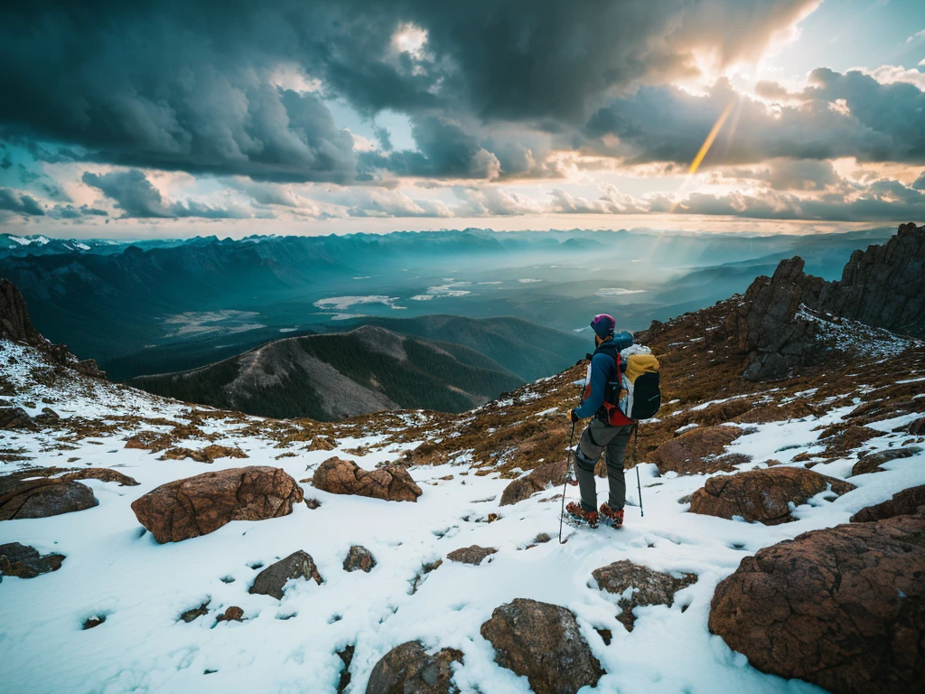 (Realistic:1.37),landscape,Mountaineering,Man climbing a mountain,Dramatic lighting,Colorful cloudy sky,A sense of adventure,Blurred Background,Strong determination,Wide-angle lens,Rocky terrain,Nice views,Endless Horizon,Quiet Solitude,Graceful Movement,The pinnacle of achievement,Natural beauty,Serene atmosphere,Sweat and patience,top conqueror,Awe-inspiring views,Expedition preparation,Unwavering focus,Wilderness Exploration,dreamlike landscape,unforgettable journey,infinite possibilities,Immerse yourself in nature,Indomitable spirit,Awestruck observers,Unparalleled strength,The invisible height,Quiet Escape.