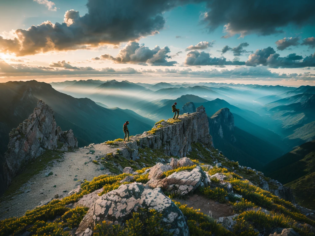 (Realistic:1.37),landscape,Mountaineering,Man climbing a mountain,Dramatic lighting,Colorful cloudy sky,A sense of adventure,Blurred Background,Strong determination,Wide-angle lens,Rocky terrain,Nice views,Endless Horizon,Quiet Solitude,Graceful Movement,The pinnacle of achievement,Natural beauty,Serene atmosphere,Sweat and patience,top conqueror,Awe-inspiring views,Expedition preparation,Unwavering focus,Wilderness Exploration,dreamlike landscape,unforgettable journey,infinite possibilities,Immerse yourself in nature,Indomitable spirit,Awestruck observers,Unparalleled strength,The invisible height,Quiet Escape.