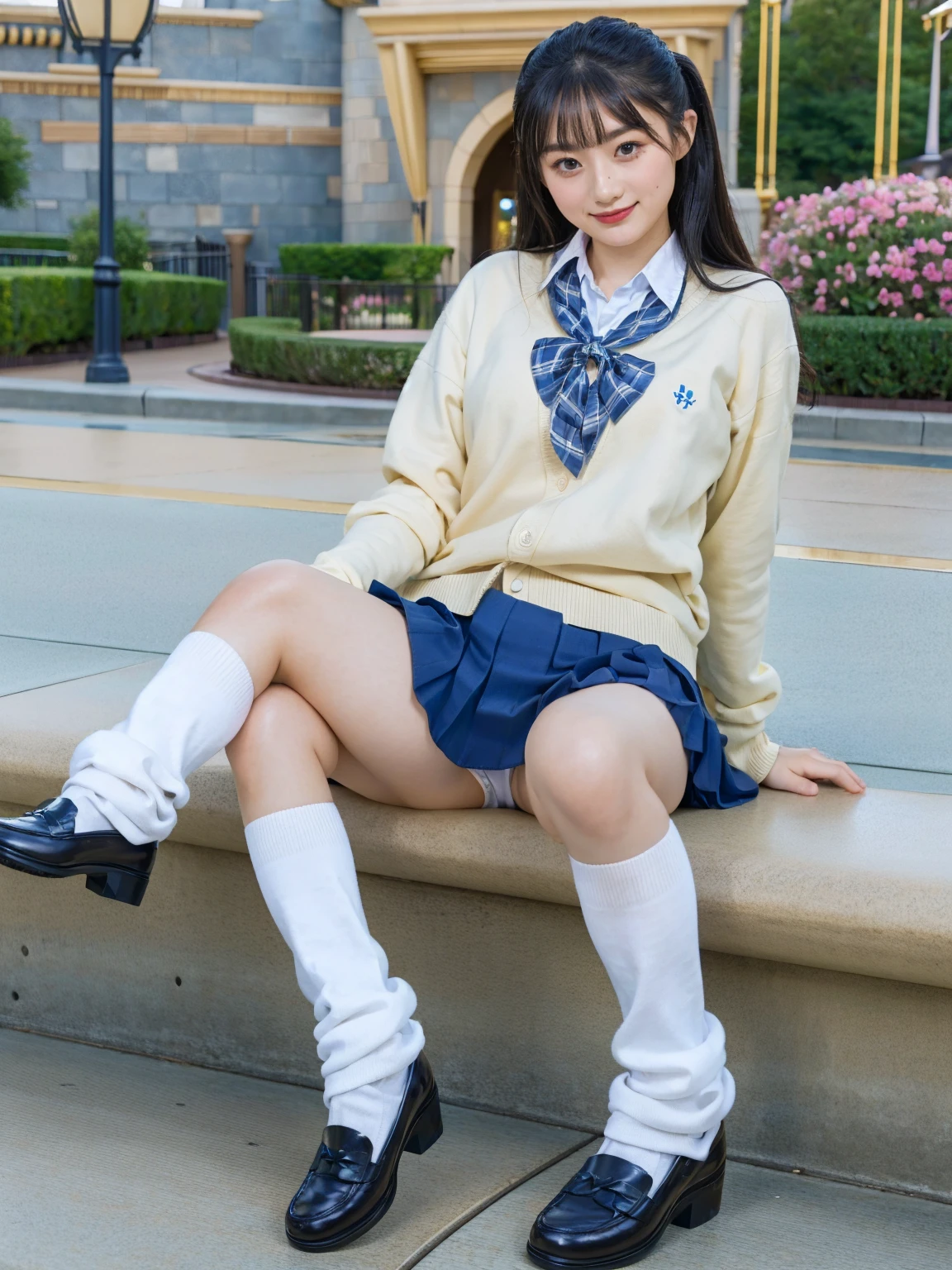 (photorealistic:1.4), best quality, masterpiece, raw 32k photo, (extremely detailed japanese beautiful girl), (extremely detailed eyes:1.2), (cute face:1.2), ultra-detailed, ultra high res, amazing, BREAK,sitting,
(school uniform:1.5), smile, (full body:1.2), detailed school girl, (disneyland:1.3), beautiful detailed girl, bangs, cute face, miniskirt,loafers