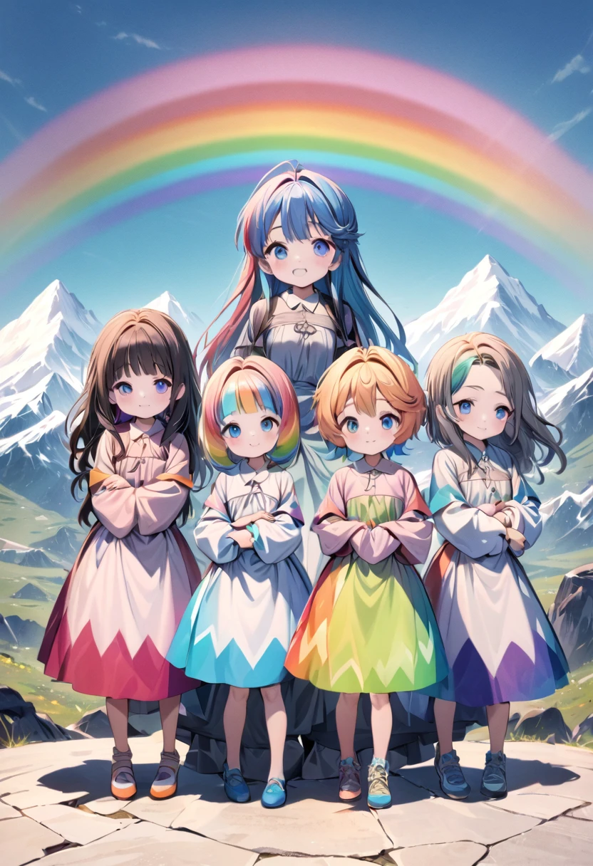 Highest quality, movie quality, background of mountains with a border pattern, colorful, 5 beautiful girls standing proud, image color is rainbow, group of 5 (10 years old, wearing a dress with a border pattern, cool, cute, nihilistic), dilapidated world line