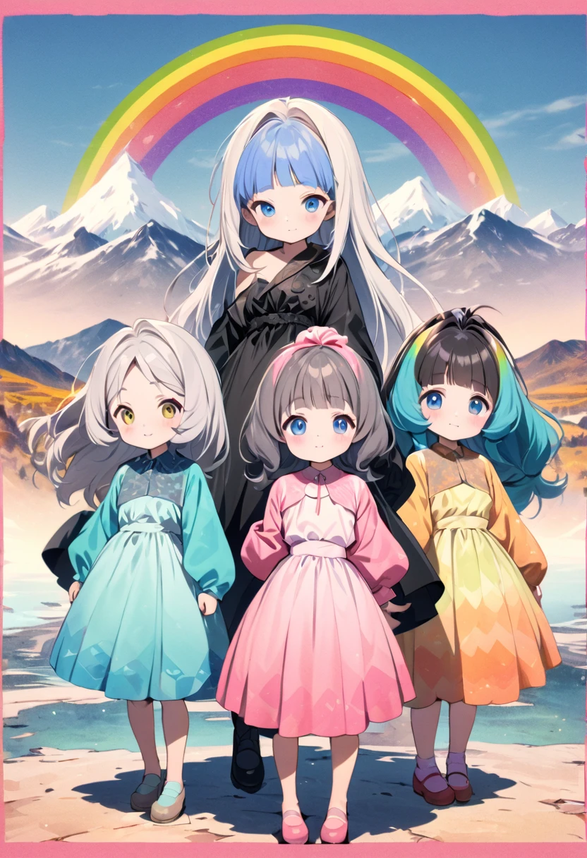 Highest quality, movie quality, background of mountains with a border pattern, colorful, 5 beautiful girls standing proud, image color is rainbow, group of 5 (10 years old, wearing a dress with a border pattern, cool, cute, nihilistic), dilapidated world line