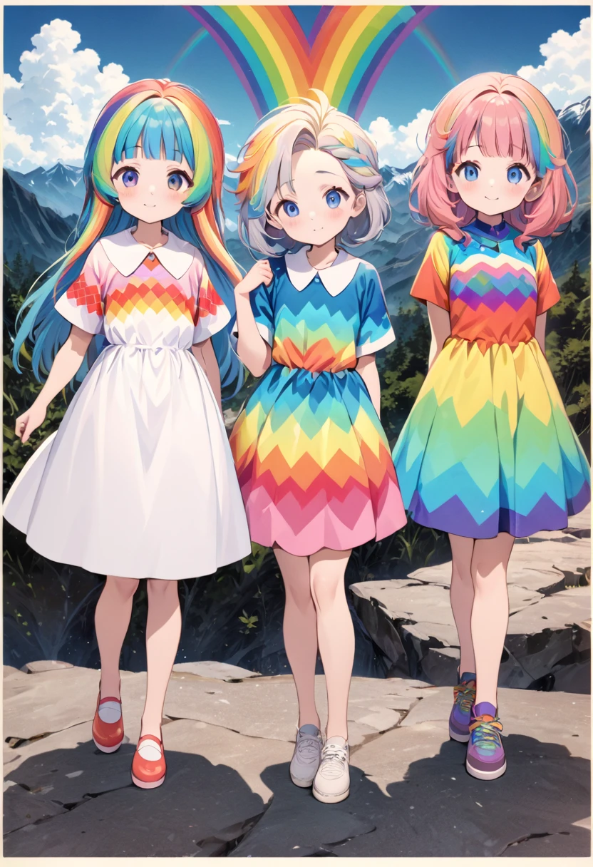 Highest quality, movie quality, background of mountains with a border pattern, colorful, 5 beautiful girls standing proud, image color is rainbow, group of 5 (10 years old, wearing a dress with a border pattern, cool, cute, nihilistic), dilapidated world line