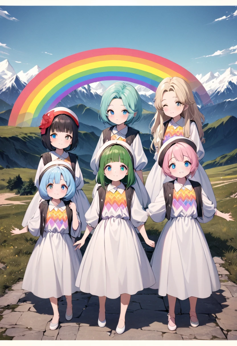 Highest quality, movie quality, background of mountains with a border pattern, colorful, 5 beautiful girls standing proud, image color is rainbow, group of 5 (10 years old, wearing a dress with a border pattern, cool, cute, nihilistic), dilapidated world line