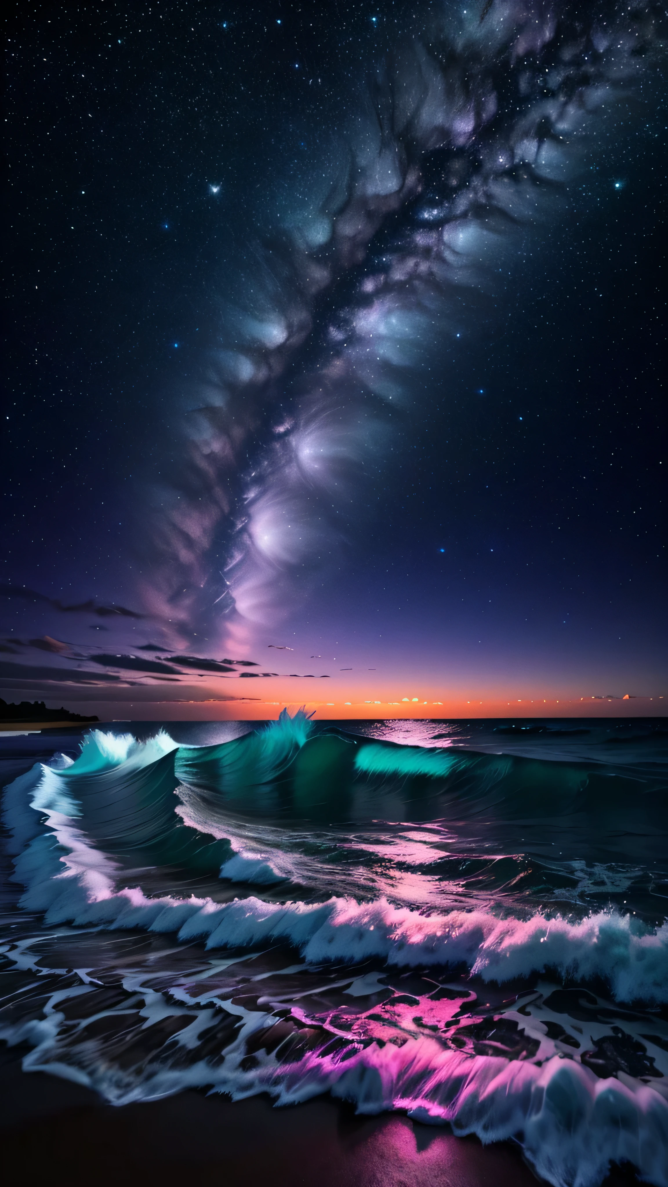 bioluminescent stars in the sky, pink half moon, touquois sky, soft cotton clouds, tourqouis ocean waves, shiny, purple water, galaxy, complementing lighting