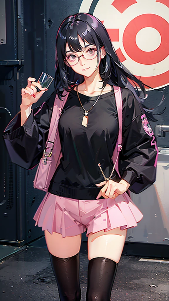 Black Hair　Straight Hair　Long Hair　cheers　Glasses　Pink Eyes　