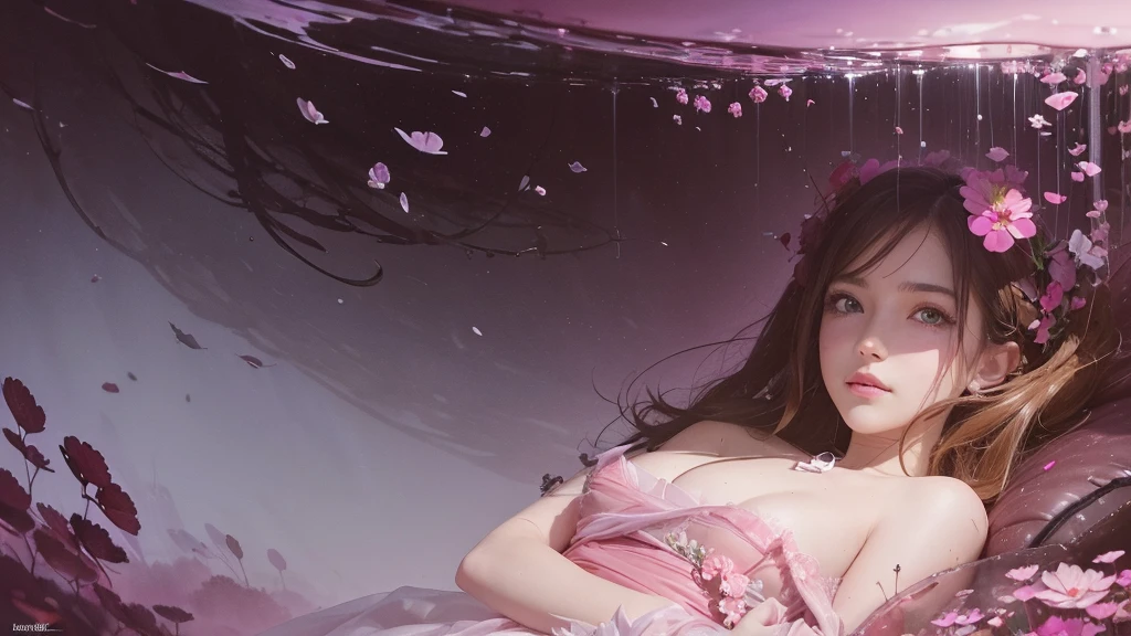 32k, Masterpiece, Highest quality, One girl, Detailed eyes, flower,Sandersonia, Pink and brown style,A dreamy, romantic piece,Pale pink, Mysterious Leaves,A playful arrangement,Fantasy,High Contrast,Ink strokes,explosion,Exposure, Impression of pink and brown tones,Abstract,((Watercolours by John Berkey and Jeremy Mann )) Brush strokes,Negative Space, Tyndall effect,