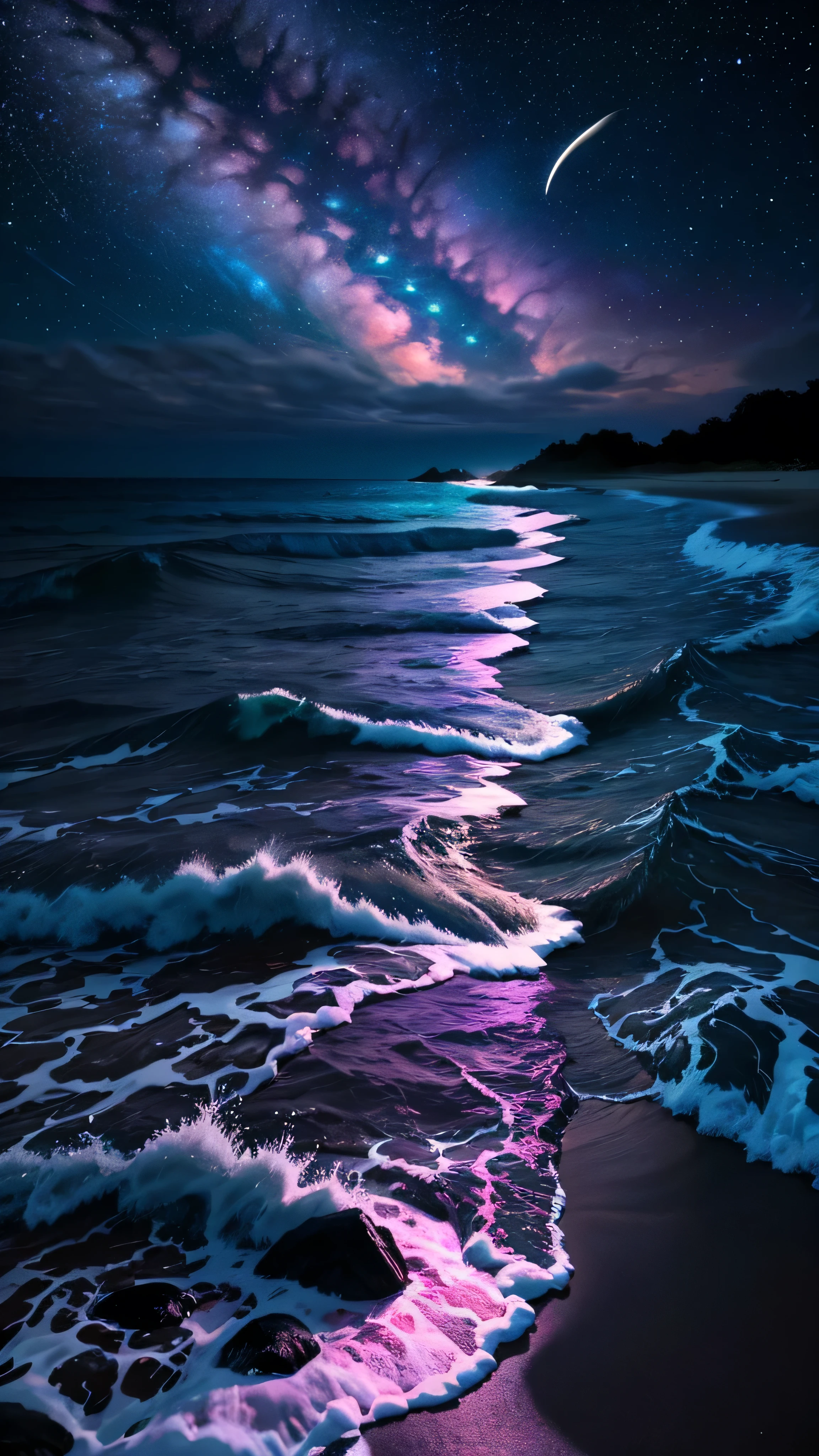bioluminescent stars in the sky, pink half moon, touquois sky, soft cotton clouds, tourqouis ocean waves, shiny, purple water, galaxy, complementing lighting