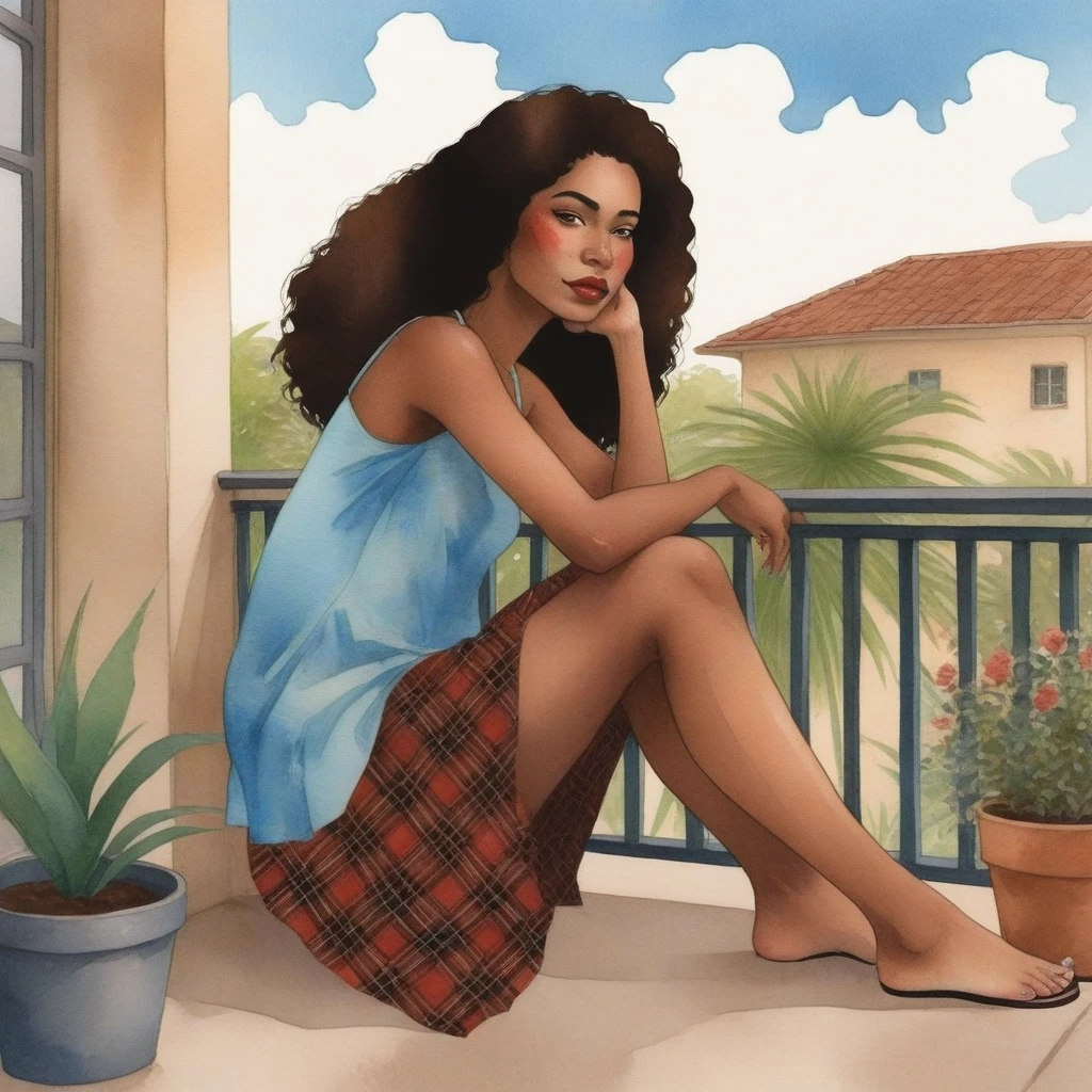 The watercolor, anime style, you asked for it, with the Brazilian woman of African ethnicity as the focal point of the scene. She sits with her back to us on a concrete porch, her arms resting on her knees and her straight brown hair falling around her shoulders. She wears a light blue blouse with thin straps and a floral skirt, her lips are a striking red and she wears black flip-flops. A brown plaid bag sits on the balcony, and the background has a beige wall with a window and potted plants by Daniela Uhlig