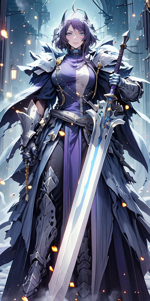 MC, ahoge, (long hari, purple hair:1.3), hair ornament, dark-blue eyes, anatomically correct, heavy breathing, mature female,solo, 1girl, holding, standing, weapon, female focus, sword, cape, holding weapon, armor, holding sword, shoulder armor, gauntlets, facing viewer, pauldrons, breastplate, planted, full armor, bokeh, backlighting, firefly, fireflies, hollow eyes, bright pupils, dark-blue eyes, looking at viewer. glowing eyes heavy breathing, seductive smile, (steaming face:1.3), blush face, lips,