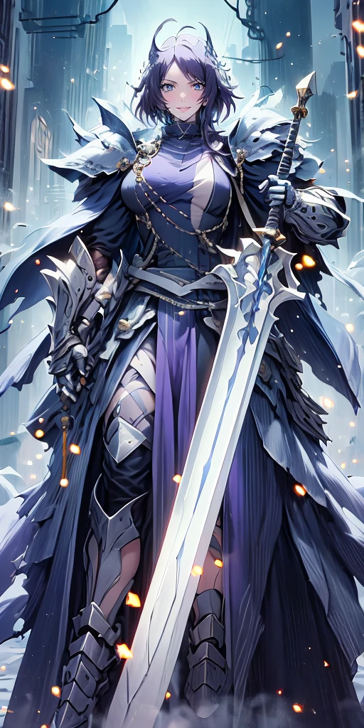 MC, ahoge, (long hari, purple hair:1.3), hair ornament, dark-blue eyes, anatomically correct, heavy breathing, mature female,solo, 1girl, holding, standing, weapon, female focus, sword, cape, holding weapon, armor, holding sword, shoulder armor, gauntlets, facing viewer, pauldrons, breastplate, planted, full armor, bokeh, backlighting, firefly, fireflies, hollow eyes, bright pupils, dark-blue eyes, looking at viewer. glowing eyes heavy breathing, seductive smile, (steaming face:1.3), blush face, lips,
