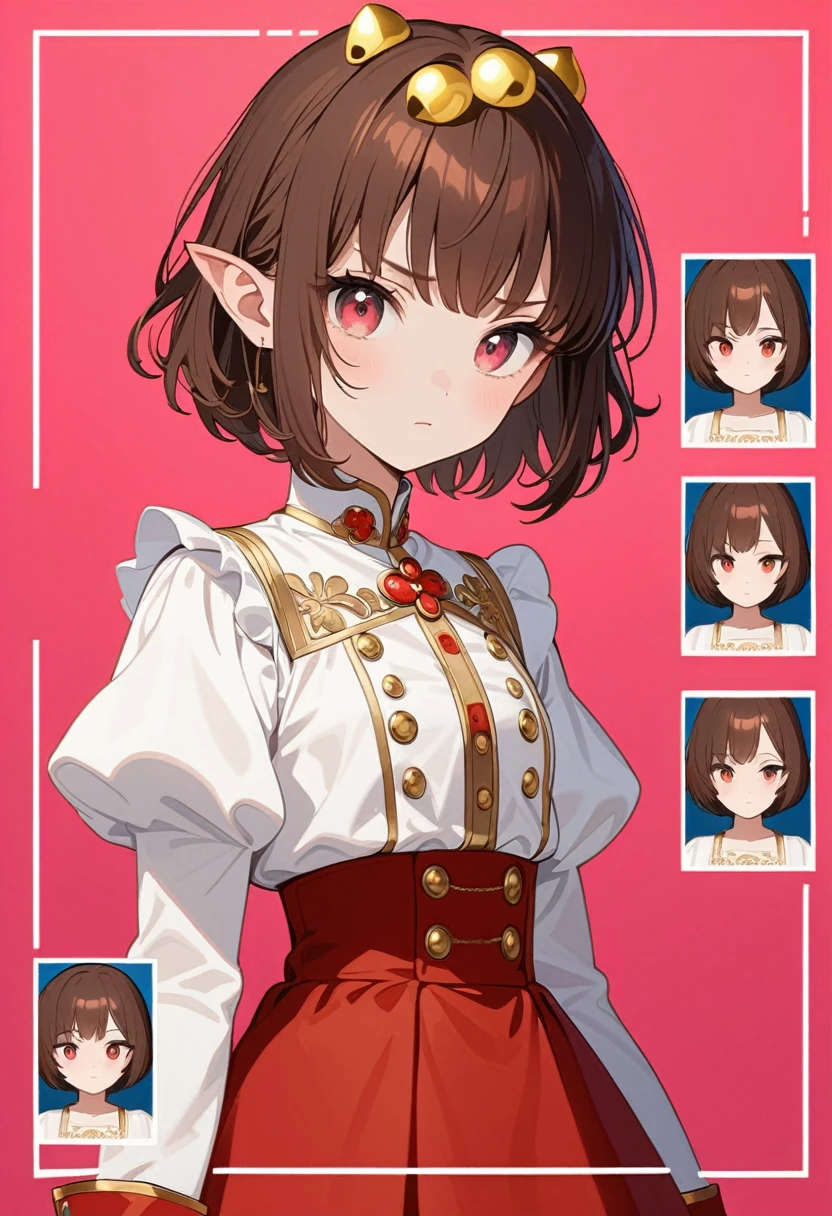 front，ID photo，An anime girl wearing a red skirt and black，She has brown hair and eyes。There are balls on both sides of the head，short hair，And wearing red flower ornaments on the ears。She wears a white blouse，It has gold buttons and pink cuffs.。Clean and tidy style，A determined look