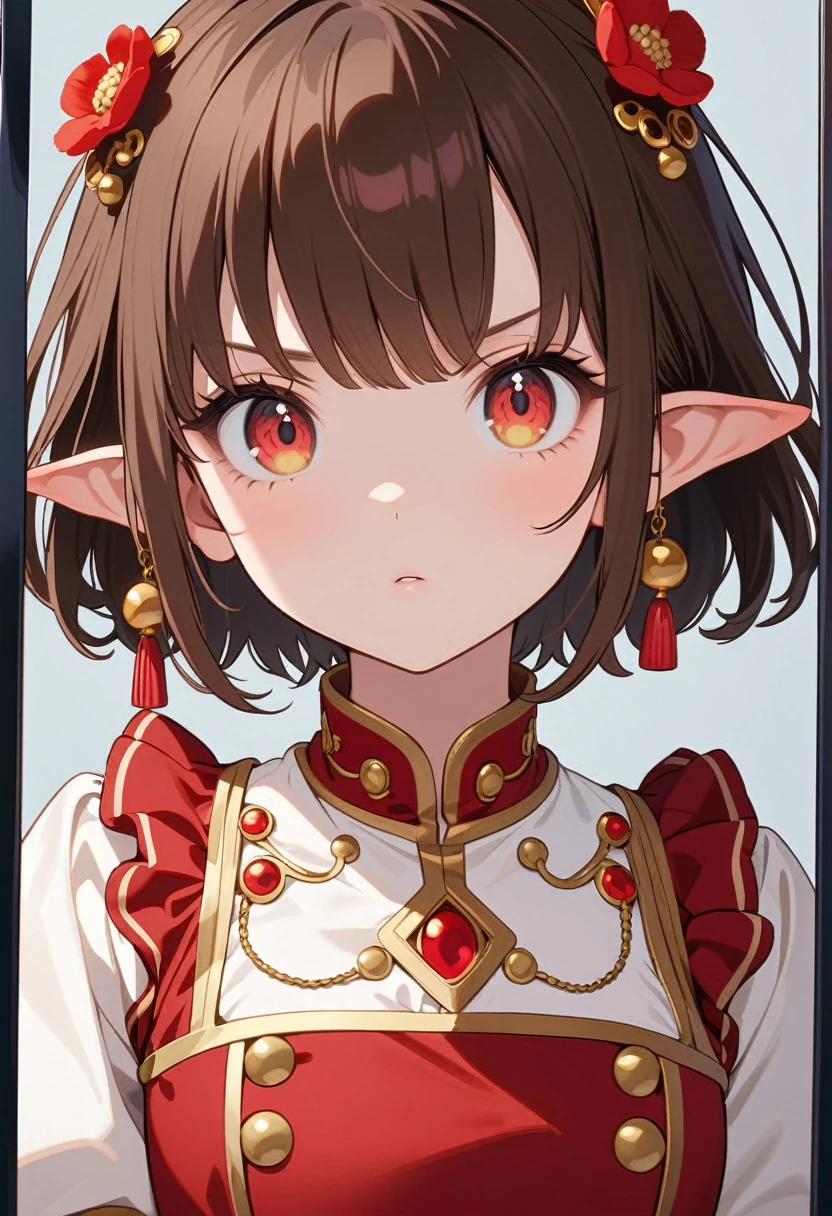 front，ID photo，An anime girl wearing a red skirt and black，She has brown hair and eyes。There are balls on both sides of the head，short hair，And wearing red flower ornaments on the ears。She wears a white blouse，It has gold buttons and pink cuffs.。Clean and tidy style，A determined look