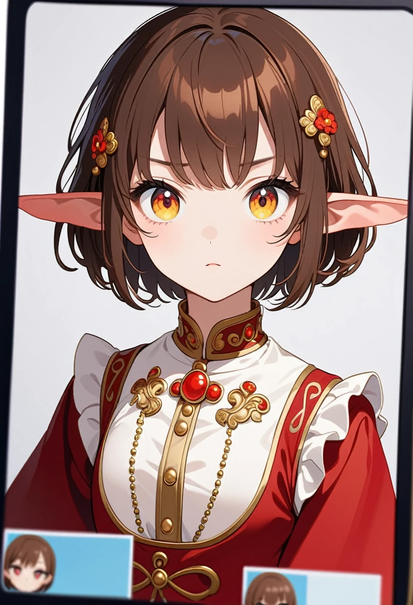 front，ID photo，An anime girl wearing a red skirt and black，She has brown hair and eyes。There are balls on both sides of the head，short hair，And wearing red flower ornaments on the ears。She wears a white blouse，It has gold buttons and pink cuffs.。Clean and tidy style，A determined look