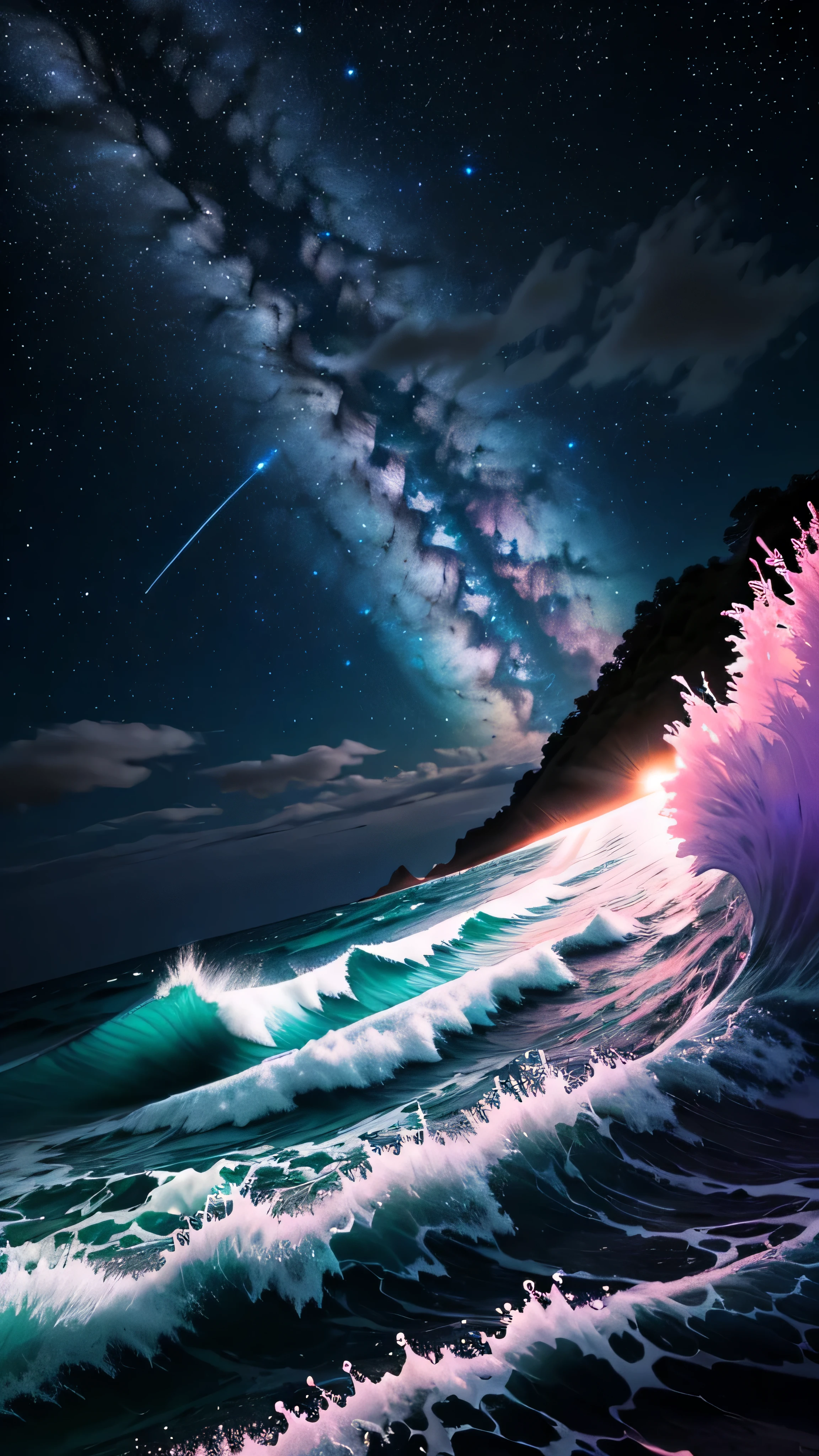 bioluminescent stars in the sky, pink half moon, touquois sky, soft cotton clouds, tourqouis ocean waves, shiny, purple water, galaxy, complementing lighting