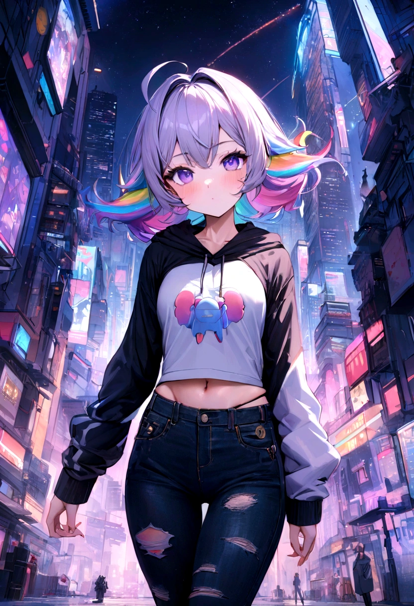 The most beautiful and sexy space girl of the future, Rainbow Hair, Purple eyes, Wear a hoodie, Graphic T-shirts, Ripped skinny jeans and、Highly sophisticated and technologically futuristic gear, Floating in the high-tech city of the future,Star Cloud,Highly detailed background, A perfect masterpiece, high quality, High resolution