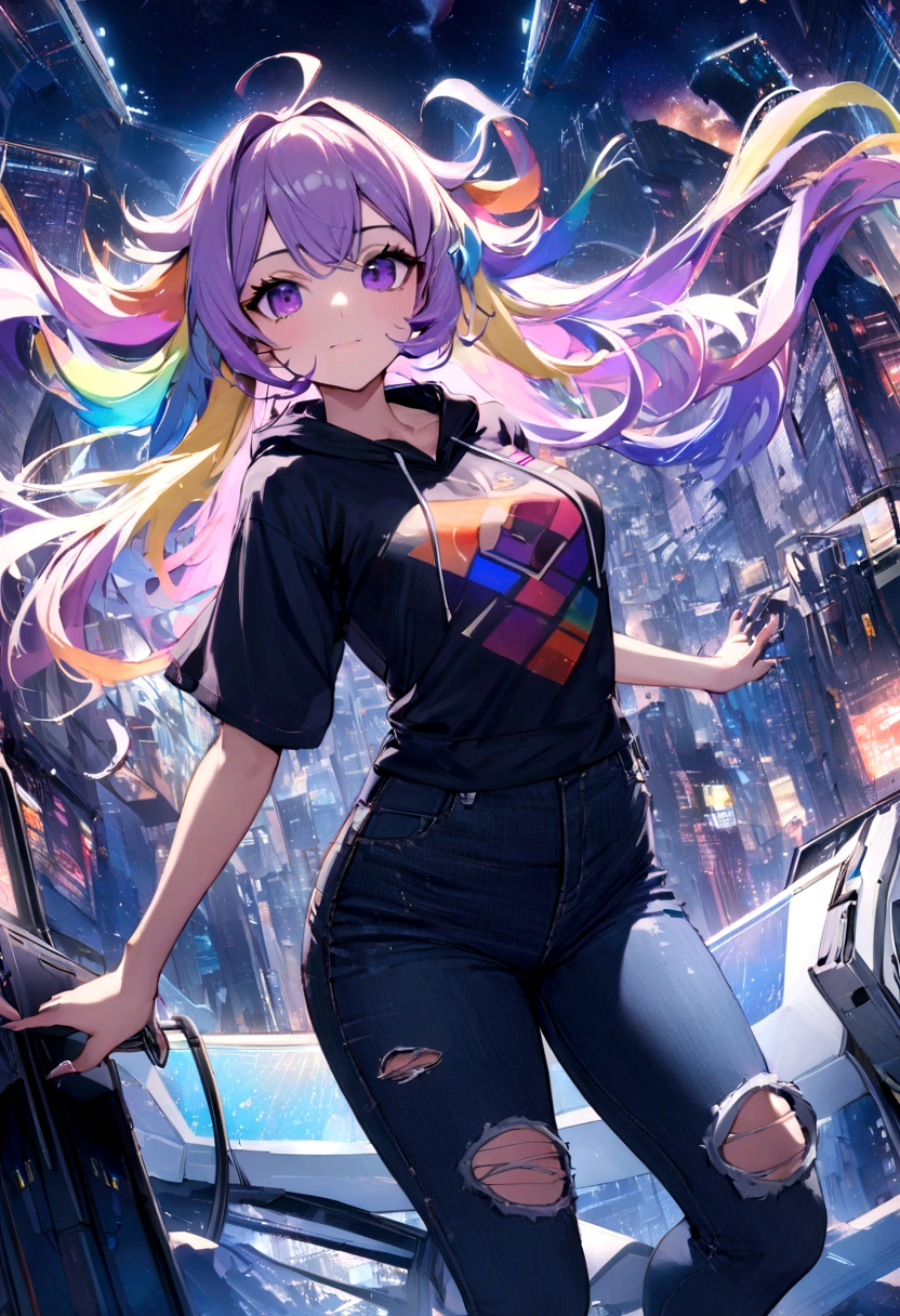 The most beautiful and sexy space girl of the future, Rainbow Hair, Purple eyes, Wear a hoodie, Graphic T-shirts, Ripped skinny jeans and、Highly sophisticated and technologically futuristic gear, Floating in the high-tech city of the future，Star Cloud，Highly detailed background, A perfect masterpiece, high quality, High resolution