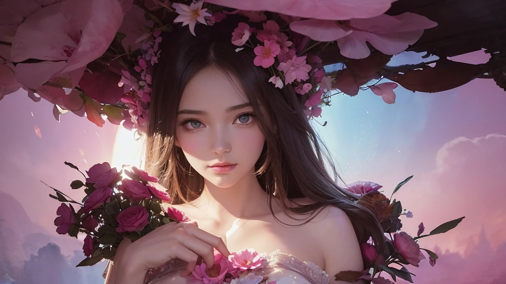 beautiful fantasy world with flowers, dreaming, hyperrealisti, trends on artstation