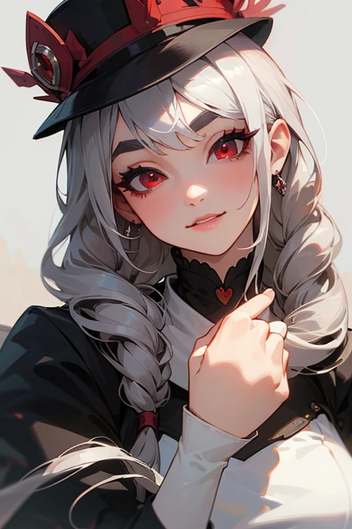 (Highest quality, masterpiece:1.2), High resolution, 最高masterpiece、Very detailed, Realistic:1.37, Fantasy, An illustration,Gray Hair、 Red eyes、Queen, Black Dress、beautifully、Eyeshadow Red、Thick eyebrows、Long eyelashes、pupils are black、shiny on the lips、Top Sites、Queen、Princess、A kind smile、Show your teeth a little and smile、Soft impression、people々々々々々々々Loved by、Slimming the face、Shoulder Bare、Sexy braids、Kissing Face、Long white hair、Shaggy Bangs、Save face image、hat、royal palace、