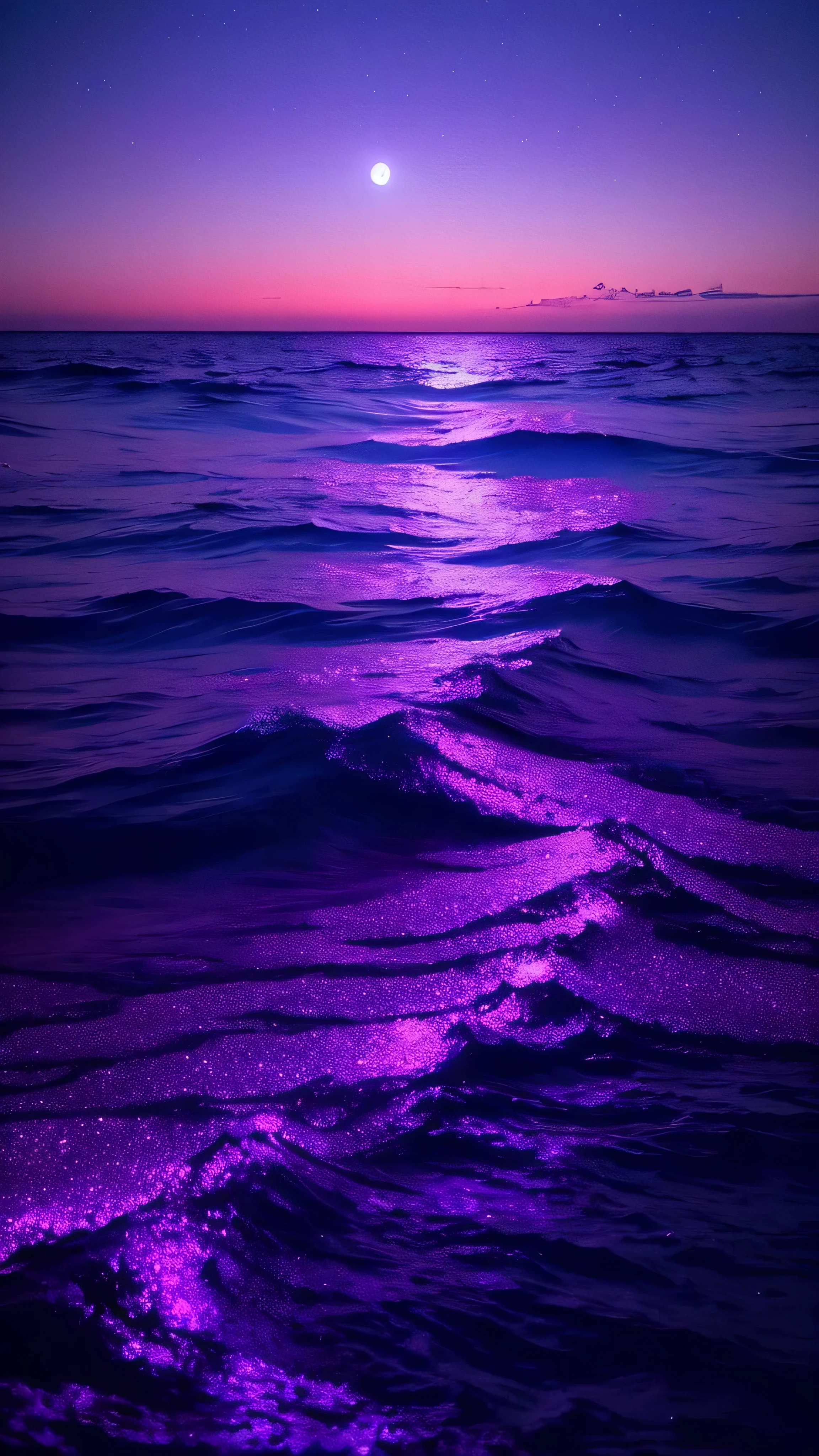 bioluminescent stars in the sky, pink half moon, touquois sky, soft cotton clouds, tourqouis ocean waves, shiny, purple water, galaxy, complementing lighting