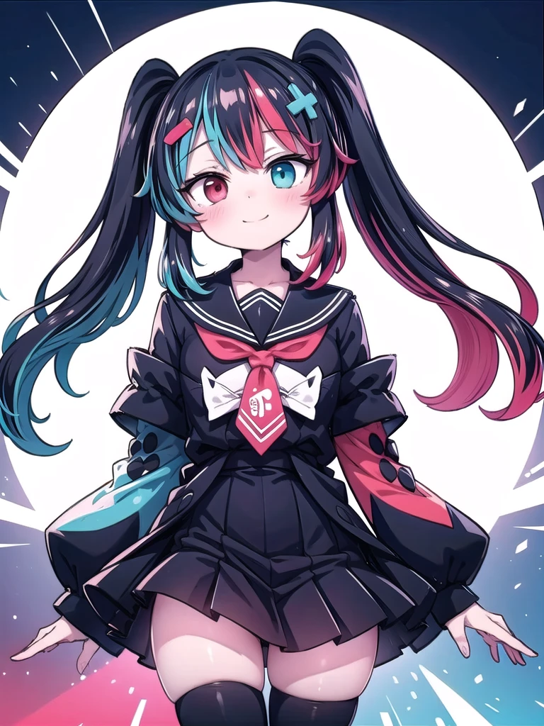 1girl, masterpiece, best quality, perfect hands, SwitchchanOutfit, switch-chan, smile, blush, red eyes, blue eyes, heterochromia, black thighhighs, short twintails, multicolored hair, black hair, cyan streaked hair, red streaked hair, black to cyan gradient hair, black to red gradient hair, zettai ryouiki, red neckwear, black sailor collar, sleeves past fingers, black pleated dress