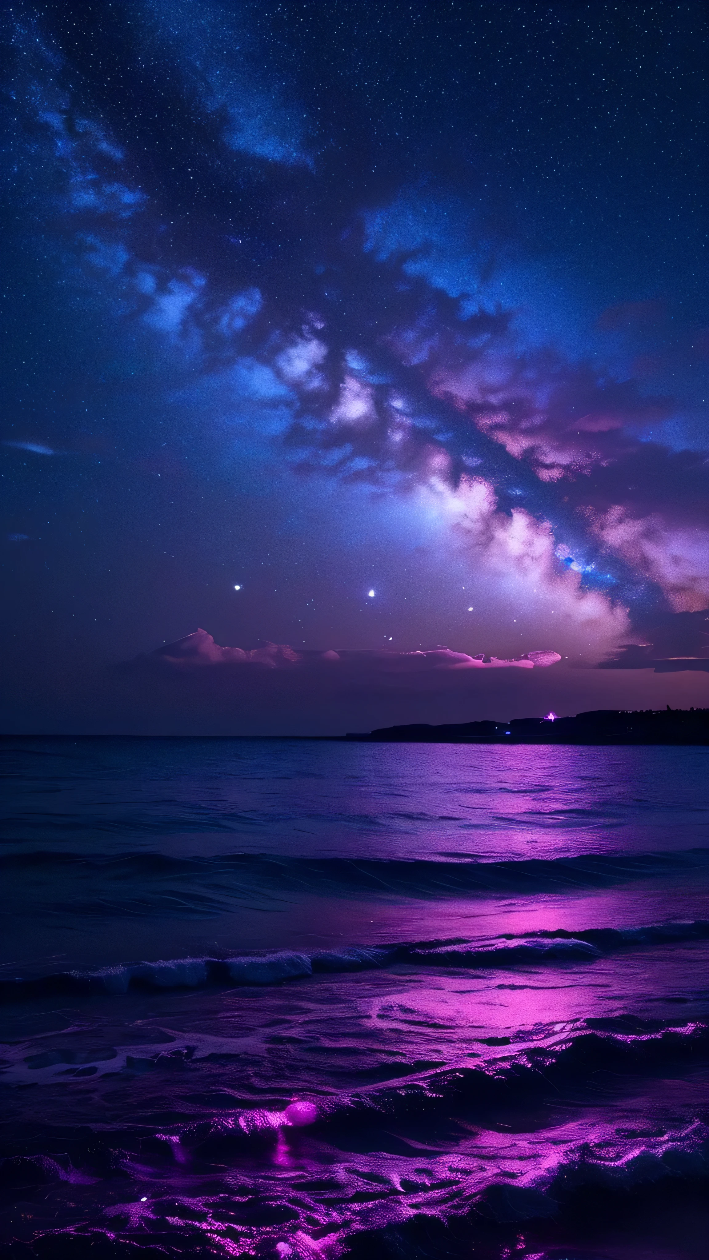 bioluminescent stars in the sky, pink half moon, touquois sky, soft cotton clouds, tourqouis ocean waves, shiny, purple water, galaxy, complementing lighting