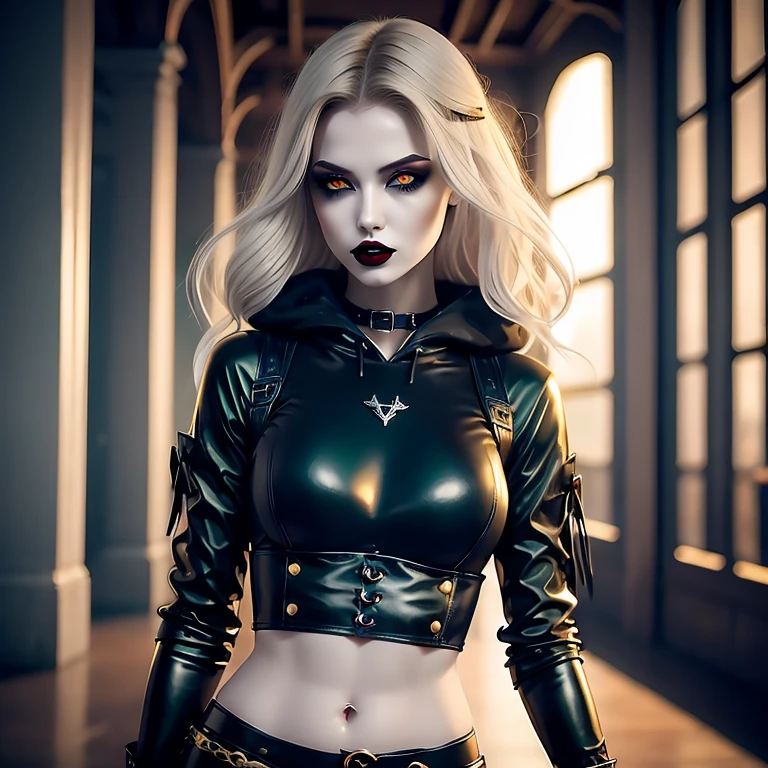 Vampire Girl. tousled short gold hair black streaks. white colored eyes. very extremely beautiful, Beautiful face of a young girl. Gothic Leather Necromancer Armor, black-green, Black pants.many details, Gloomy mood. Mystical black-green forest with magical runes. Semi-fantastic realism. the golden ratio. a lot of details, necromancy, мистическое Gloomy mood, Lots of glowing elements. Horror. fantasy style.