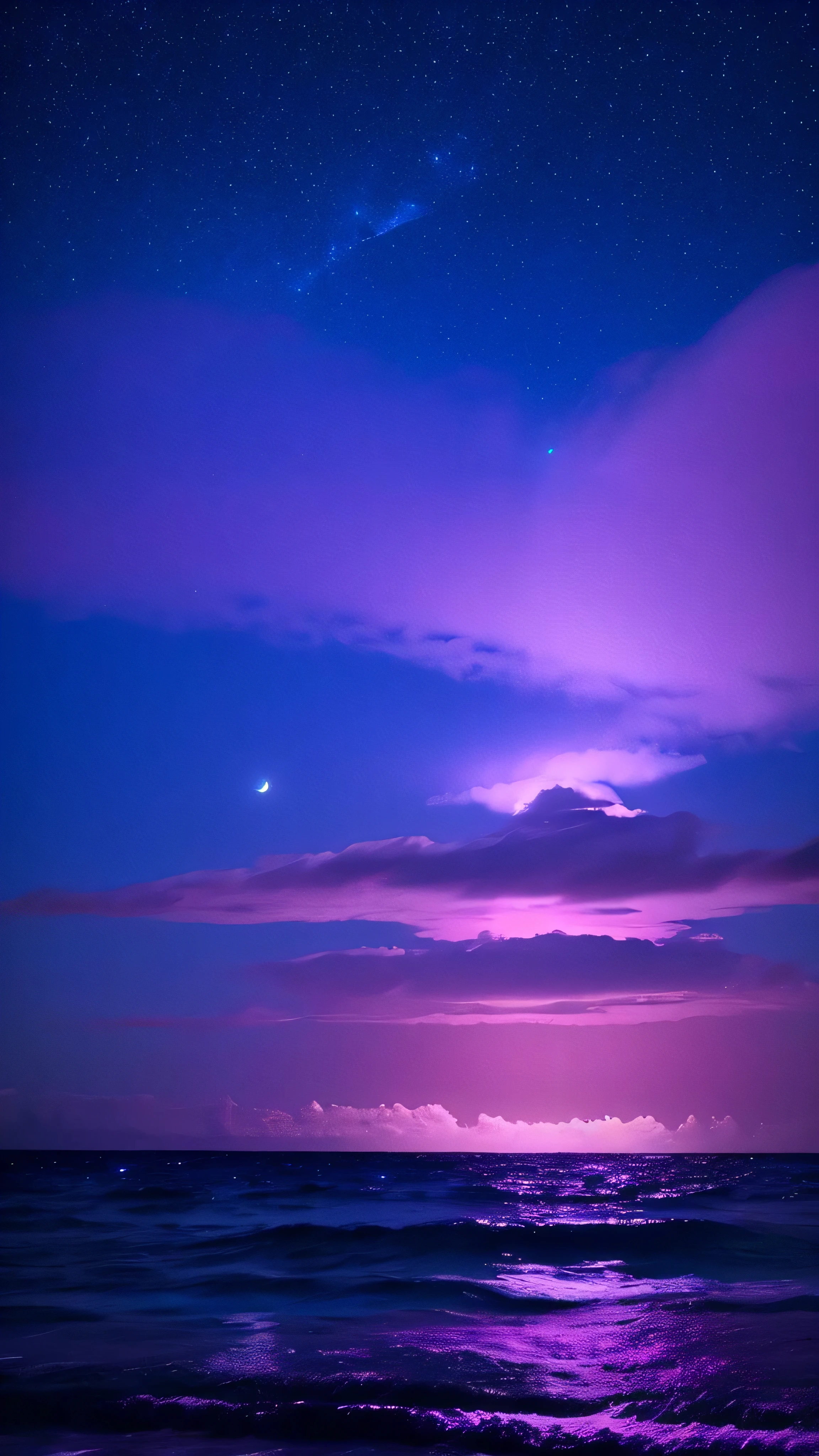 bioluminescent stars in the sky, pink half moon, touquois sky, soft cotton clouds, tourqouis ocean waves, shiny, purple water, galaxy, complementing lighting