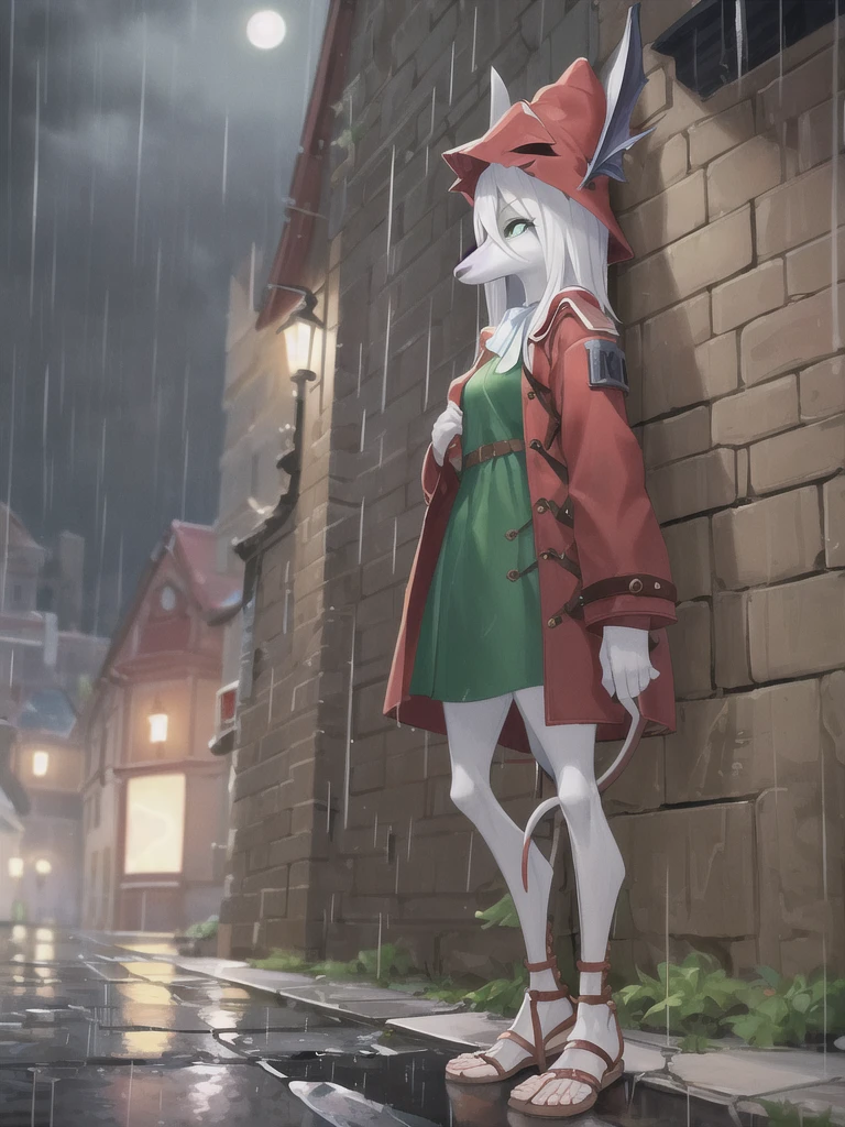 furry female, snout, red headwear, red jacket, mouse girl, green eyes, (masterpiece, best quality:1.2), full body portrait, freya crescent, 1girl, solo,(white skin:1.05), colored skin, furry, green dress, sandals, gladiator sandals,  tail, looking ahead, standing, outdoors, ((raining)), castle, night, dark, moon, sad,  