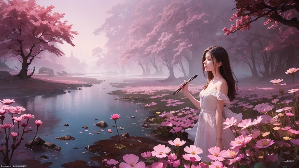 32k, Masterpiece, Highest quality, One girl, Detailed eyes, flower,Sandersonia, Pink and brown style,A dreamy, romantic piece,Pale pink, Mysterious Leaves,A playful arrangement,Fantasy,High Contrast,Ink strokes,explosion,Exposure, Impression of pink and brown tones,Abstract,((Watercolours by John Berkey and Jeremy Mann )) Brush strokes,Negative Space, Tyndall effect,