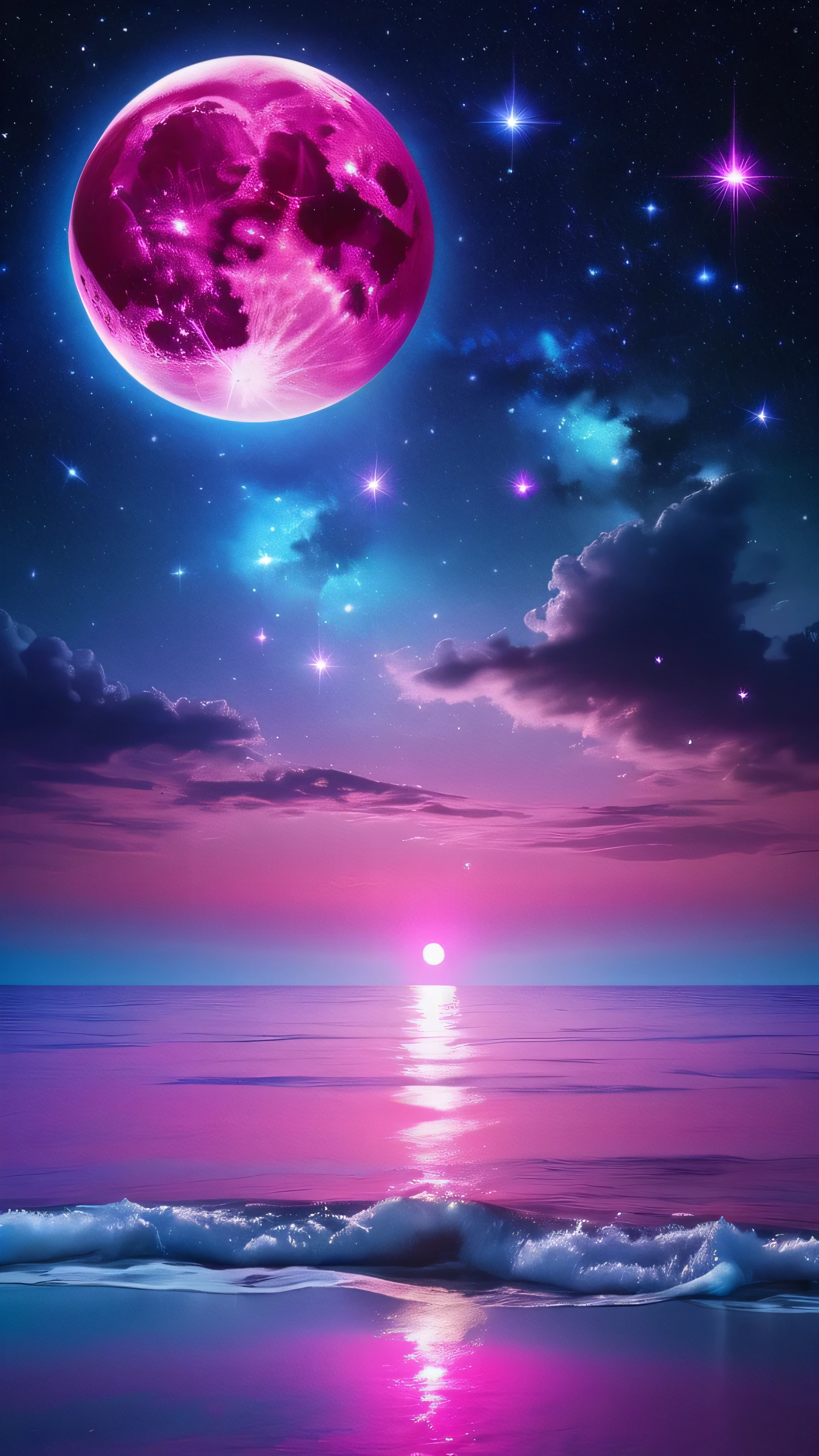 On a starry night with small clouds floating、Magenta and pink moon、Purple and sparkling light blue spheres reflecting light in the ocean。. A space of sparkling stars, It's a bright neon glow from outer space: Vibrant electric light blue expanse glowing sphere, Emerald green、Bright pink、Purple shines mysteriously against the dark background.. this concept art, Expressed as a digital painting, captures the essence of a lovley and opulent space scene showcasing complicated details and exquisite craftsmanship. Fascinating sparkling light, cleverly expressed, Create a sense of awe and wonder, Immerse your audience in the enchanting beauty of this otherworldly creation.macro photograph, Haute Couture, Surreal, high quality, Super detailed, Professional Photograph, beautiful, Transparent photograph, Professional Movies, Professional Photograph, Super detailed, Ultra-realistic, Cinematic, Sharp focus, Bright light, Detailed, complicated, Absurd, masterpiece. RAWphotograph, Edited by Photograph, Film stock photograph, photograph, Fujifilm Superior Premium 400, Nikon D850 Film stock photograph Kodak Portra 400 camera f1.6 Lenses, 8k, Ultra-high resolution