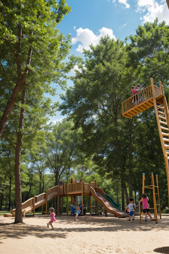 In the image, children are playing in the park. They are running and laughing while swinging on the swings and sliding down the slides. Some of them are climbing up the stairs of the slide, while others are swinging back and forth on the swings. Laughter and excitement are filling the air as the children enjoy their time outdoors. Some are jumping in water puddles formed by the recent rain, while others are building sandcastles in the sand play area. The trees around them are covered with green leaves, indicating it is spring. The sky is clear with scattered white clouds. Overall, the image captures a sense of joy and fun in the park.
