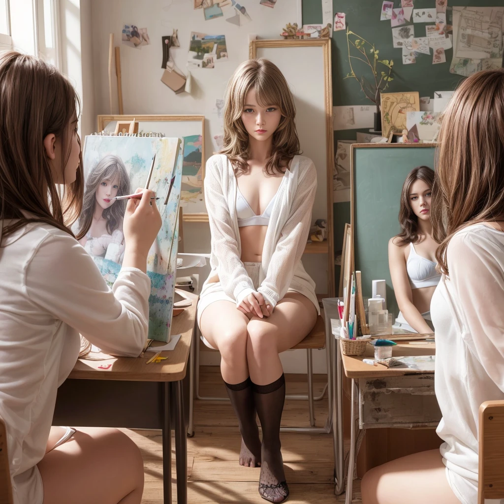 (RAW photo:1.2), (realistic), beautiful detailed girl, very detailed eyes and face, beautiful and detailed eyes, huge file size, High resolution, very detailed, highest quality, [table top:1.6], shape, very detailed, small details, highest quality, 8k wallpaper, movie lighting,-yeld hischool girl, High school girl in art club, model in underwear,  Sketch, Painting model in underwear, classroom, Painting,  slender body, white bra is visible,You can see the white panties, calm expression, slender body, young face, immature body, underwear exposed, Art club scene