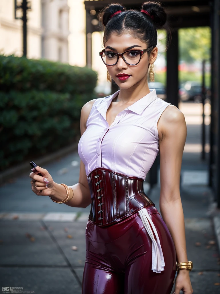 ((best quality)), ((Masterpiece)), (4k details), photorealism, See from head to knees, zendaya, Plump body, tight red latex leggings, white cotton dress shirt, (purple leather waist corset), Big muscles, Twintail hairstyle, Eyes on the camera, red lips, Wear glasses,