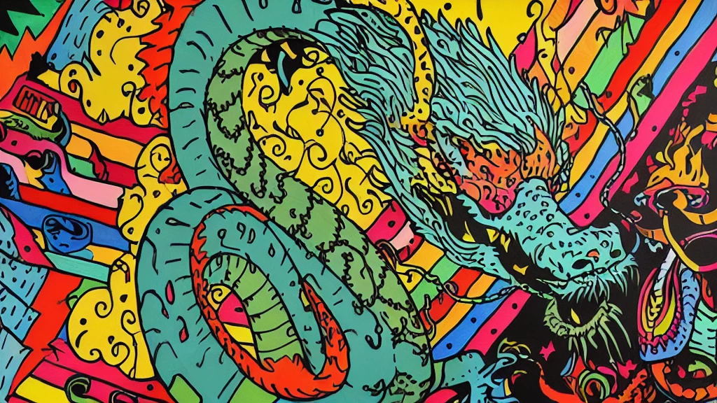 colored drawing of a dragon and a snake on a colored background, Quetzalcoatl, colorful illustration, psychedelic laughing demon, arte colorida ultra detalhada, altamente intrincado em technicolor, hyper detail illustration, arte de doodle colorido, psychedelic illustration, colorful illustration, cores brilhantes altamente detalhadas, intrincado colorido, muito detalhado e colorido, arte detalhada em cores, arte oficial