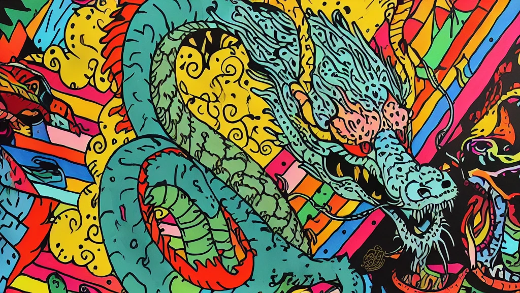 colored drawing of a dragon and a snake on a colored background, Quetzalcoatl, colorful illustration, psychedelic laughing demon, arte colorida ultra detalhada, altamente intrincado em technicolor, hyper detail illustration, arte de doodle colorido, psychedelic illustration, colorful illustration, cores brilhantes altamente detalhadas, intrincado colorido, muito detalhado e colorido, arte detalhada em cores, arte oficial