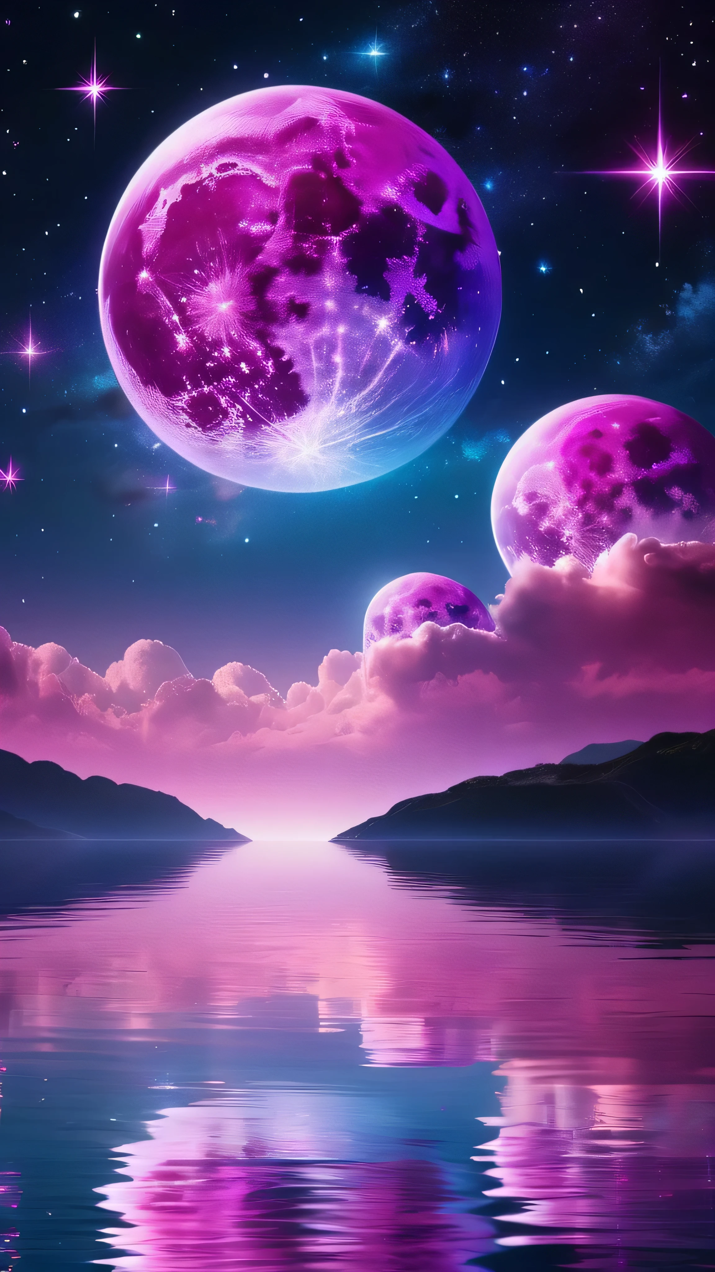 On a starry night with small clouds floating、Magenta and pink moon、Purple and sparkling light blue spheres reflecting light in the ocean。. A space of sparkling stars, It's a bright neon glow from outer space: Vibrant electric light blue expanse glowing sphere, Emerald green、Bright pink、Purple shines mysteriously against the dark background.. this concept art, Expressed as a digital painting, captures the essence of a lovley and opulent space scene showcasing complicated details and exquisite craftsmanship. Fascinating sparkling light, cleverly expressed, Create a sense of awe and wonder, Immerse your audience in the enchanting beauty of this otherworldly creation.macro photograph, Haute Couture, Surreal, high quality, Super detailed, Professional Photograph, beautiful, Transparent photograph, Professional Movies, Professional Photograph, Super detailed, Ultra-realistic, Cinematic, Sharp focus, Bright light, Detailed, complicated, Absurd, masterpiece. RAWphotograph, Edited by Photograph, Film stock photograph, photograph, Fujifilm Superior Premium 400, Nikon D850 Film stock photograph Kodak Portra 400 camera f1.6 Lenses, 8k, Ultra-high resolution