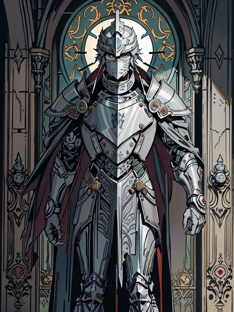 (Flat color:1.1),(Colorful:1.3),(Masterpiece:1.2), tarot: healer, Best quality, Masterpiece, Original, 1 male, ((metal mask)), silver skin, stern, wide brim hat, cleric robes, holding mace, Full body photo of men，((gray armor)), Very detailed wallpaper, Solo，(dream scenery)，tarot card layout，Best quality, Masterpiece, (Realistic:0.6), Realistic lighting, Flower frame， Decorative panels， abstract artistic， Alphonse Mucha （masterpiece， best quality， A high resolution： 1.4）， A detailed， Complicated details， 4K，cerulean， Line art， Fibonacci, cape, bald, stone, expressionless, robotic, 