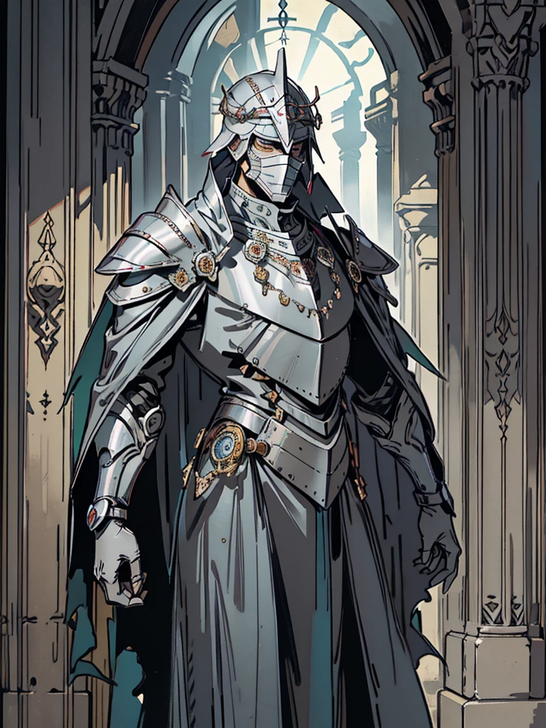 (Flat color:1.1),(Colorful:1.3),(Masterpiece:1.2), tarot: healer, Best quality, Masterpiece, Original, 1 male, ((metal mask)), silver skin, stern, wide brim hat, cleric robes, holding mace, Full body photo of men，((gray armor)), Very detailed wallpaper, Solo，(dream scenery)，tarot card layout，Best quality, Masterpiece, (Realistic:0.6), Realistic lighting, Flower frame， Decorative panels， abstract artistic， Alphonse Mucha （masterpiece， best quality， A high resolution： 1.4）， A detailed， Complicated details， 4K，cerulean， Line art， Fibonacci, cape, bald, stone, expressionless, robotic, 