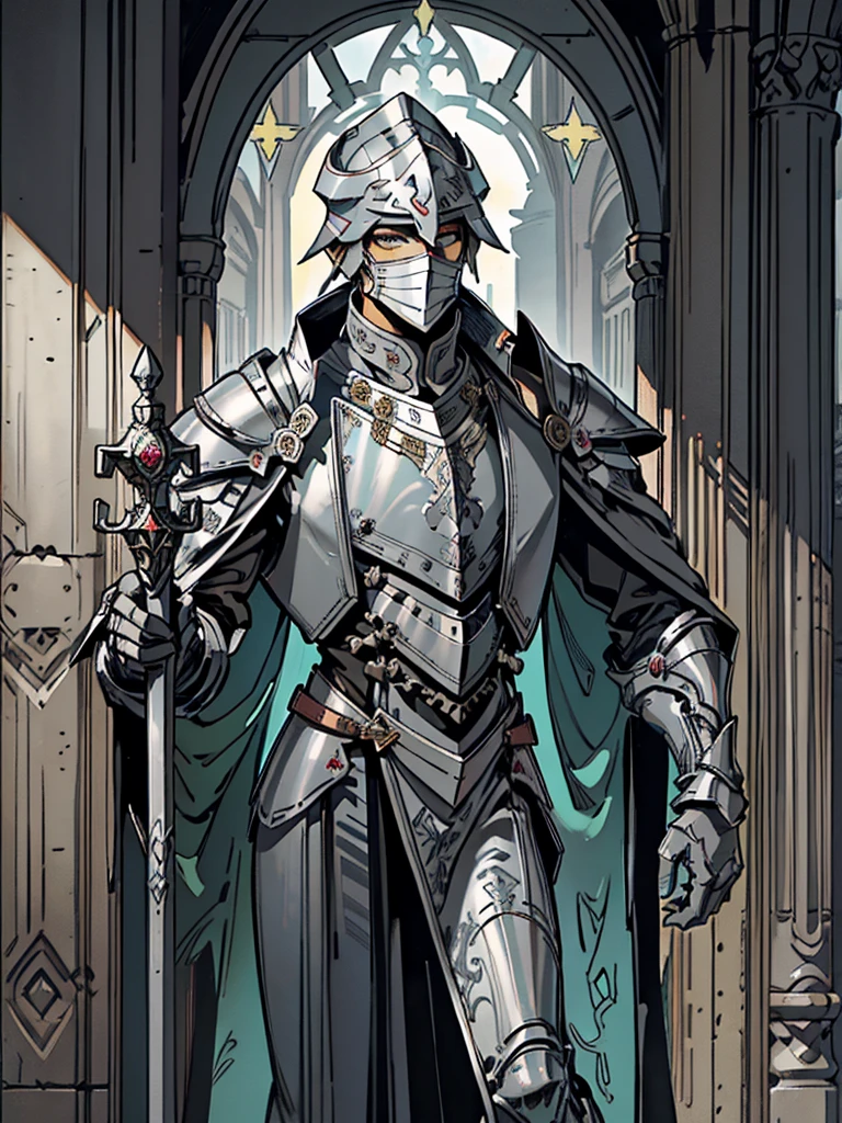 (Flat color:1.1),(Colorful:1.3),(Masterpiece:1.2), tarot: healer, Best quality, Masterpiece, Original, 1 male, ((metal mask)), silver skin, stern, wide brim hat, cleric robes, holding mace, Full body photo of men，((gray armor)), Very detailed wallpaper, Solo，(dream scenery)，tarot card layout，Best quality, Masterpiece, (Realistic:0.6), Realistic lighting, Flower frame， Decorative panels， abstract artistic， Alphonse Mucha （masterpiece， best quality， A high resolution： 1.4）， A detailed， Complicated details， 4K，cerulean， Line art， Fibonacci, cape, bald, stone, expressionless, robotic, 