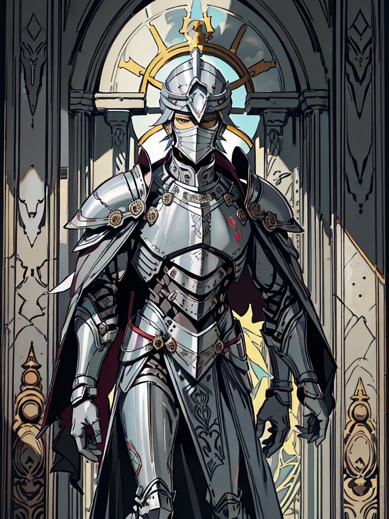 (Flat color:1.1),(Colorful:1.3),(Masterpiece:1.2), tarot: healer, Best quality, Masterpiece, Original, 1 male, ((metal mask)), silver skin, stern, wide brim hat, cleric robes, holding mace, Full body photo of men，((gray armor)), Very detailed wallpaper, Solo，(dream scenery)，tarot card layout，Best quality, Masterpiece, (Realistic:0.6), Realistic lighting, Flower frame， Decorative panels， abstract artistic， Alphonse Mucha （masterpiece， best quality， A high resolution： 1.4）， A detailed， Complicated details， 4K，cerulean， Line art， Fibonacci, cape, bald, stone, expressionless, robotic, 