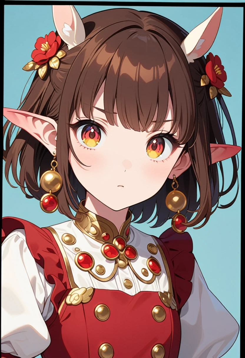 front，ID photo，An anime girl wearing a red skirt and black，She has brown hair and eyes。There are balls on both sides of the head，short hair，And wearing red flower ornaments on the ears。She wears a white blouse，It has gold buttons and pink cuffs.。Clean and tidy style，A determined look