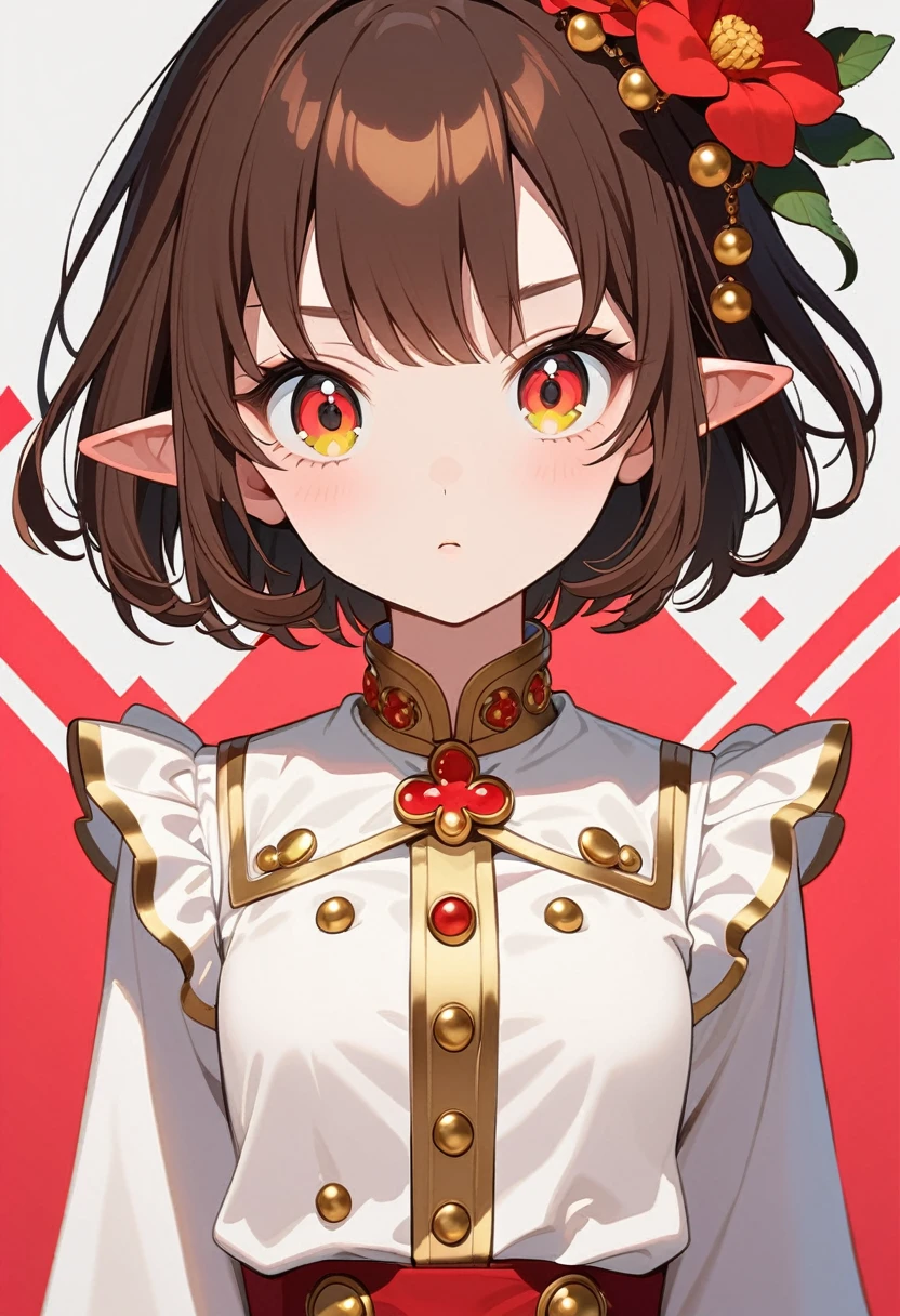 front，ID photo，An anime girl wearing a red skirt and black，She has brown hair and eyes。There are balls on both sides of the head，short hair，And wearing red flower ornaments on the ears。She wears a white blouse，It has gold buttons and pink cuffs.。Clean and tidy style，A determined look