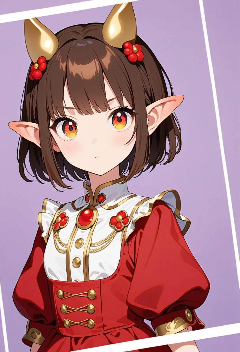 front，ID photo，An anime girl wearing a red skirt and black，She has brown hair and eyes。There are balls on both sides of the head，short hair，And wearing red flower ornaments on the ears。She wears a white blouse，It has gold buttons and pink cuffs.。Clean and tidy style，A determined look