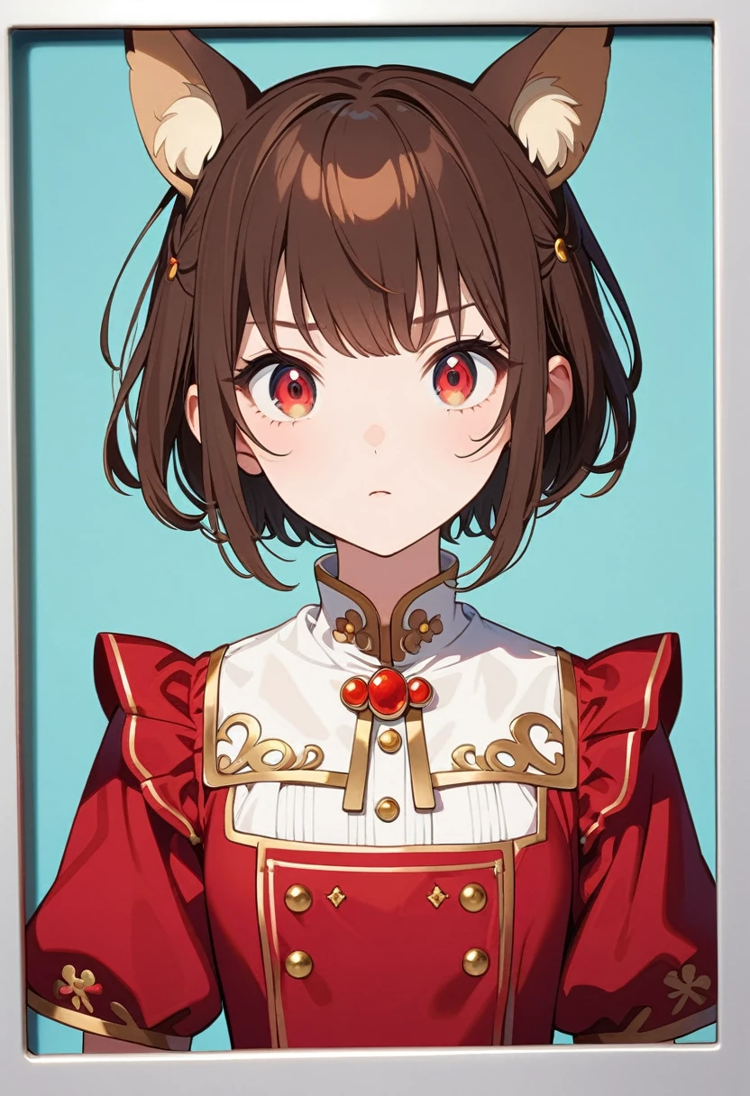 front，ID photo，An anime girl wearing a red skirt and black，She has brown hair and eyes。There are balls on both sides of the head，short hair，And wearing red flower ornaments on the ears。She wears a white blouse，It has gold buttons and pink cuffs.。Clean and tidy style，A determined look