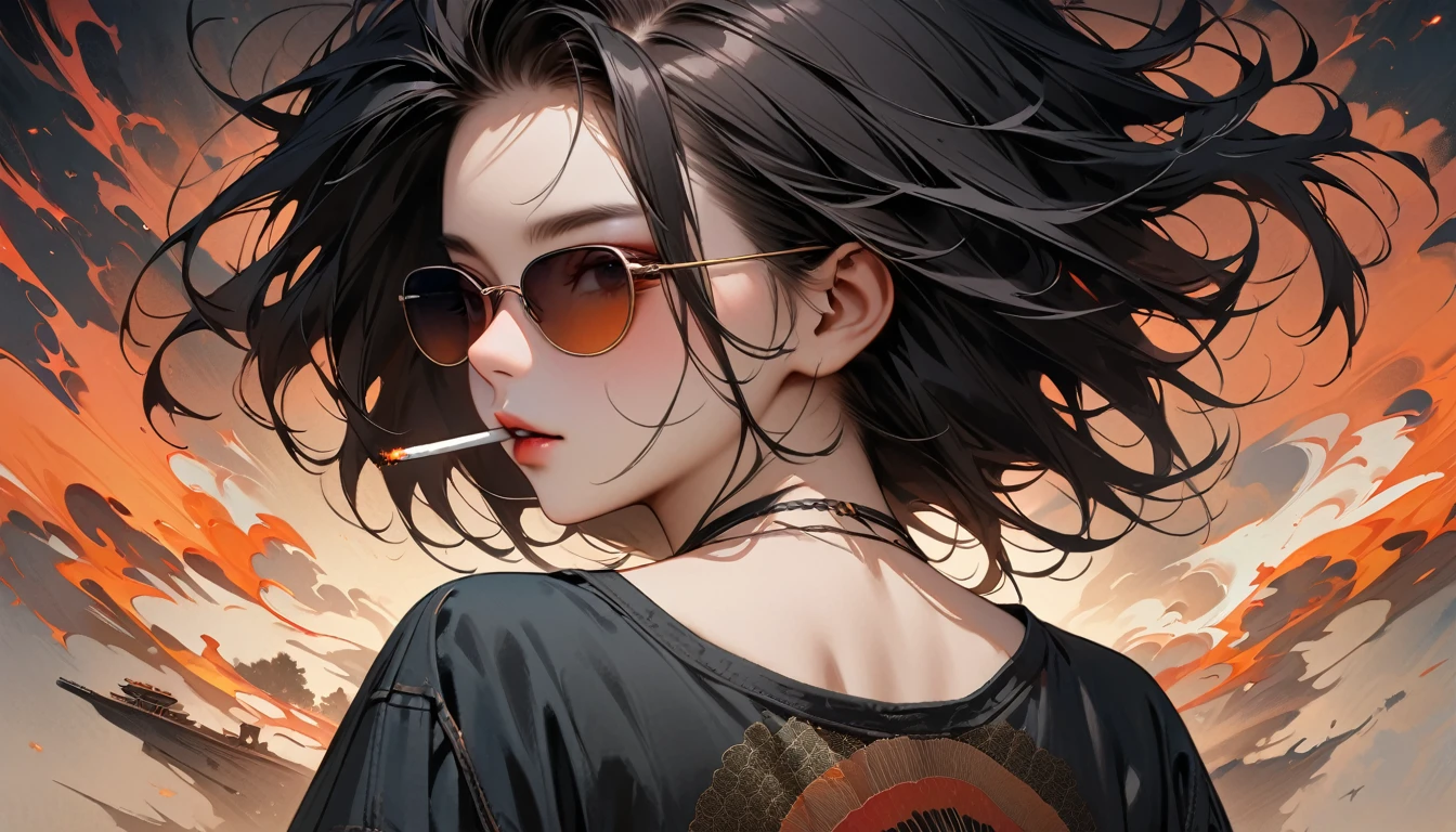 (((from behind))), ((8k of extremely detailed CG unit, Masterpiece, high resolution, highest quality, highest quality real texture skin)), (((darkness))), (((sunglasses))), (((The cigarette is burning))), ((1 girl)), (Japanese pattern Tシャツ, denim), (Black hair, messy hair, beige skin), (Surreal, digital painting)