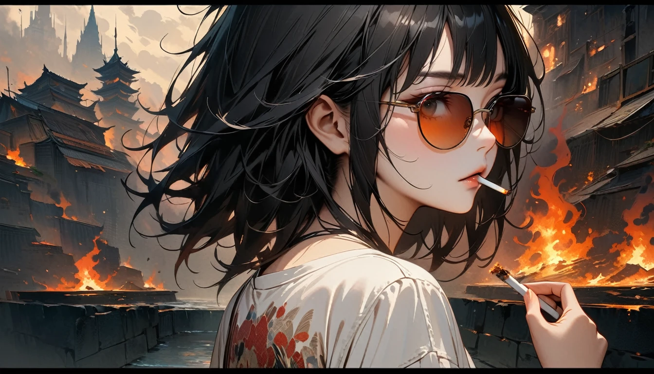 (((from behind))), ((8k of extremely detailed CG unit, Masterpiece, high resolution, highest quality, highest quality real texture skin)), (((darkness))), (((sunglasses))), (((The cigarette is burning))), ((1 girl)), (Japanese pattern Tシャツ, denim), (Black hair, messy hair, beige skin), (Surreal, digital painting)