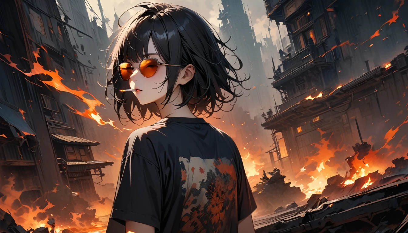 (((from behind))), ((8k of extremely detailed CG unit, Masterpiece, high resolution, highest quality, highest quality real texture skin)), (((darkness))), (((sunglasses))), (((The cigarette is burning))), ((1 girl)), (Japanese pattern Tシャツ, denim), (Black hair, messy hair, beige skin), (Surreal, digital painting)