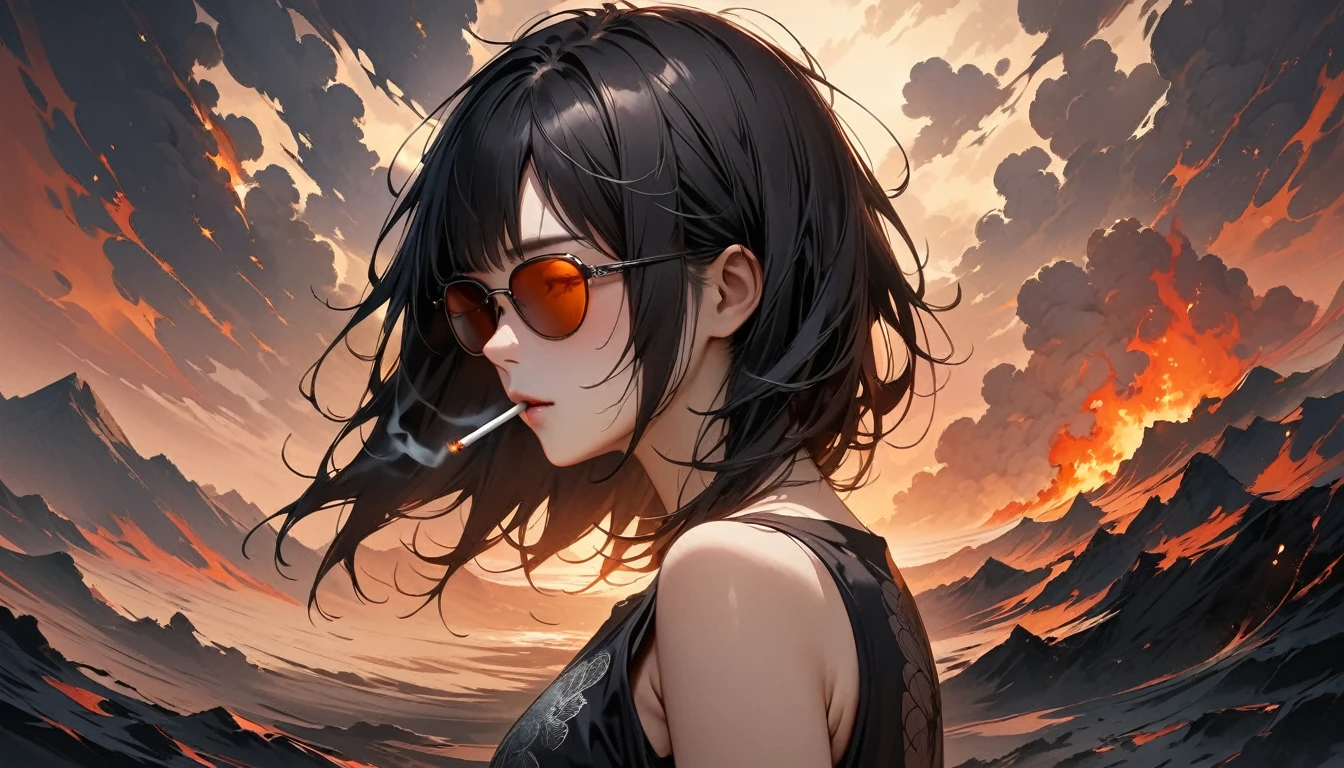 (((from behind))), ((8k of extremely detailed CG unit, Masterpiece, high resolution, highest quality, highest quality real texture skin)), (((darkness))), (((sunglasses))), (((The cigarette is burning))), ((1 girl)), (Japanese pattern Tシャツ, denim), (Black hair, messy hair, beige skin), (Surreal, digital painting)